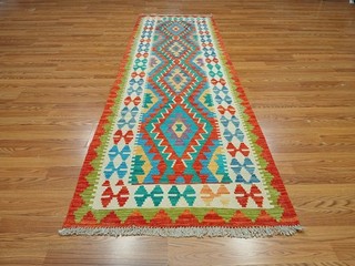 Authentic Afghan Chobi Vegetable Kilim Rug Tribal Geometric Design Rug 3x9.6