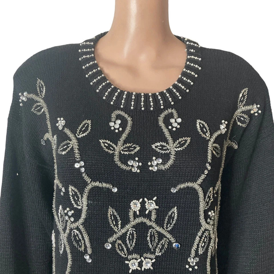Vintage Victoria Harbour Sweater Womens Large Beaded Rhinestone Black White - Image 3 of 4