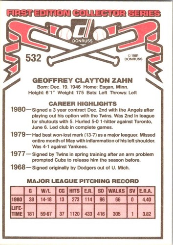 1981 Donruss #532a Geoff Zahn 1980 1980 Highlights Begins Signed A 3 Year - Picture 2 of 2
