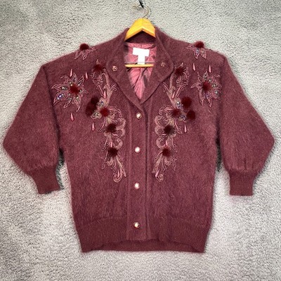 Vintage 90s Baldini Cardigan Sweater Womens M Burgundy Angora Embroidered