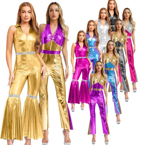 Women Cheerleader Uniform Shiny Metallic V Neck High Waist Flared Jumpsuit - Picture 2 of 77