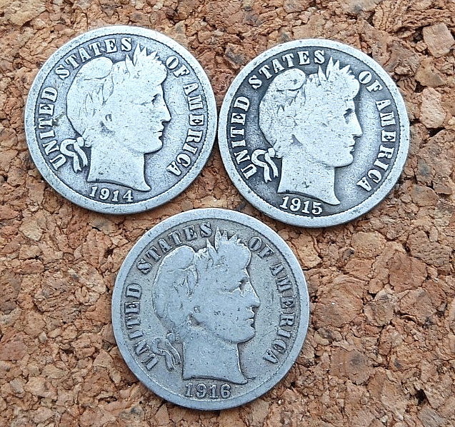 Three Barber Dimes - 1914-D, 1915, & 1916.  C1415