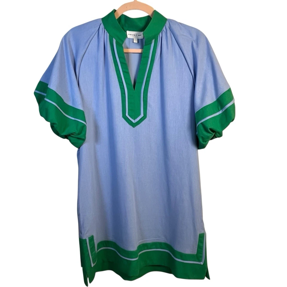 Mini Vestido Para Mujer Entro Azul Verde Bloques de Color Mezcla de Lino Mangas Linterna Talla S Foto 2 de 4