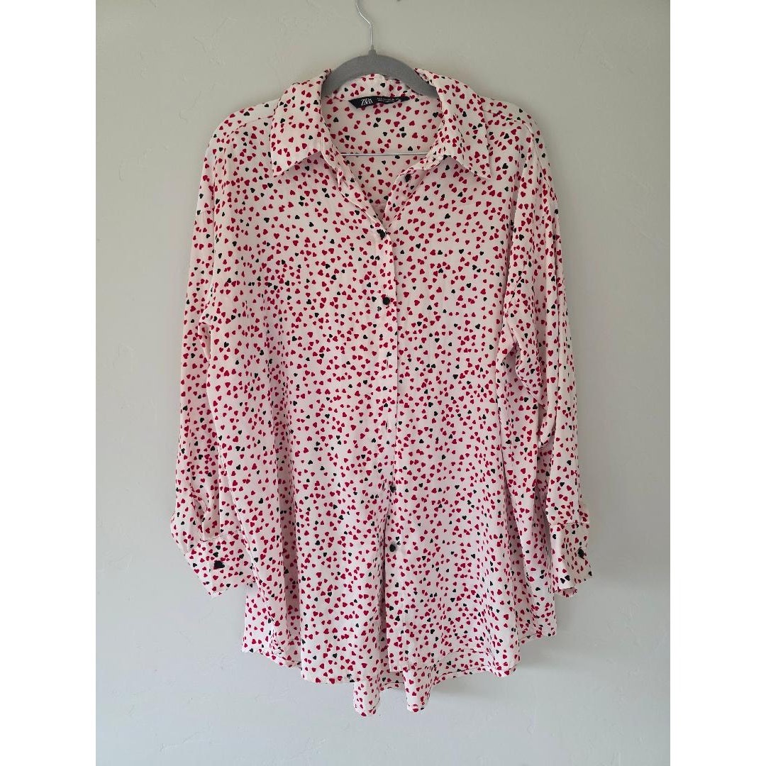 Zara Heart Print Button-Up Blouse • Valentine Pink Top