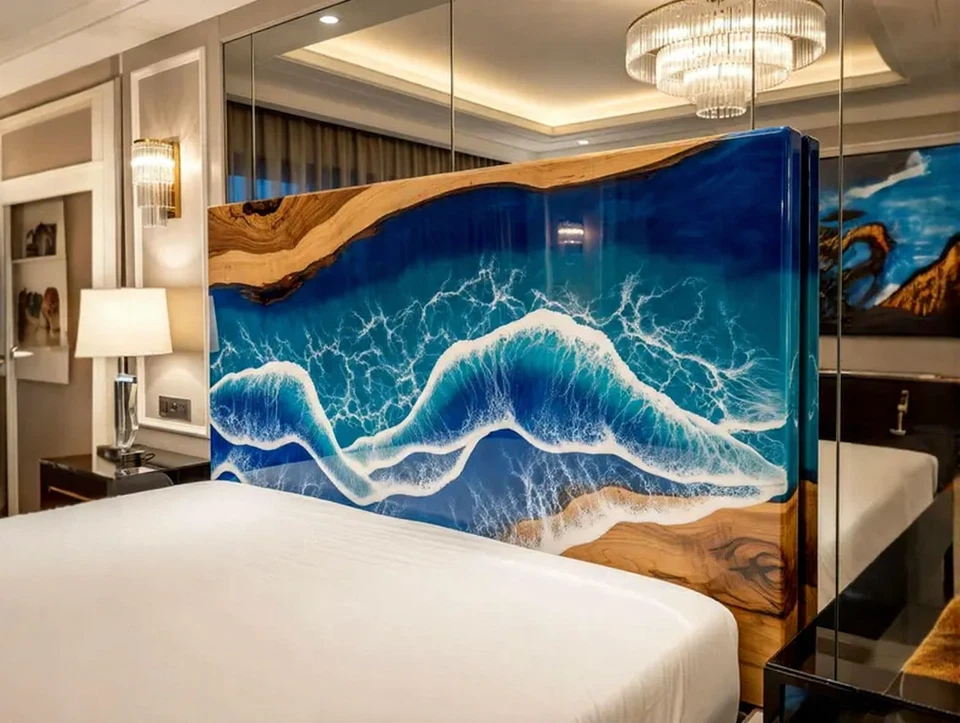 Уникальный деревянный изголовье большого размера — дизайн ручной работы с океанскими волнами из синей эпоксидной смолы - Изображение 4 из 4