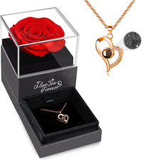 Preserved Real Rose with I Love You Necklace, Valentines Day Gifts for Her, Fore