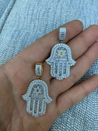 Real 925 Silver 14k Gold Plated Hip Hop Hamsa Hand Star Of David Pendant Iced CZ - Picture 11 of 11