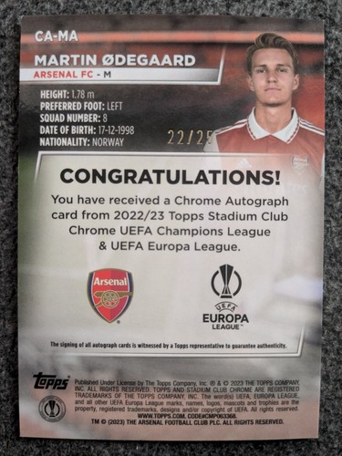 2022-23 TOPPS STADIUM CLUB CHROME UEFA MARTIN ODEGAARD ORANGE PRISM AUTO#D22/25 - Picture 2 of 2