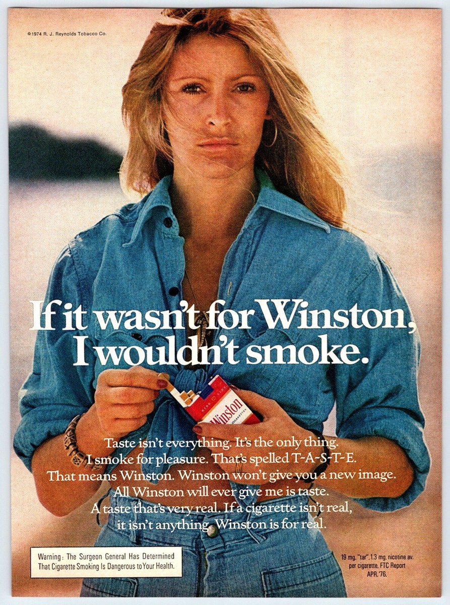 winston cigarette ads 1970 vintage 1970s mag print ad Cigarettes"Down Home Taste" mancave 1976 YOUNG WOMAN WINSTON CIGARETTES
