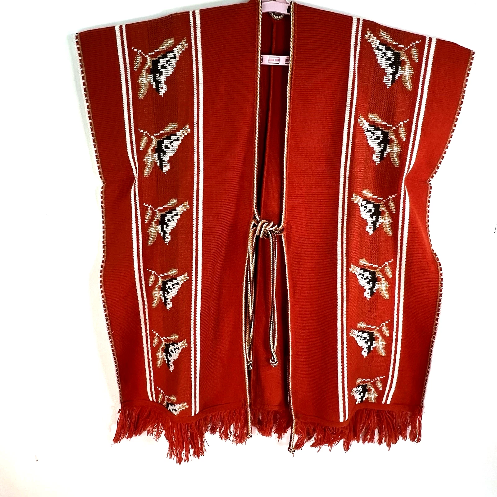 Southwestern Bird Poncho Sweater Womens Size Rust Orange One Size