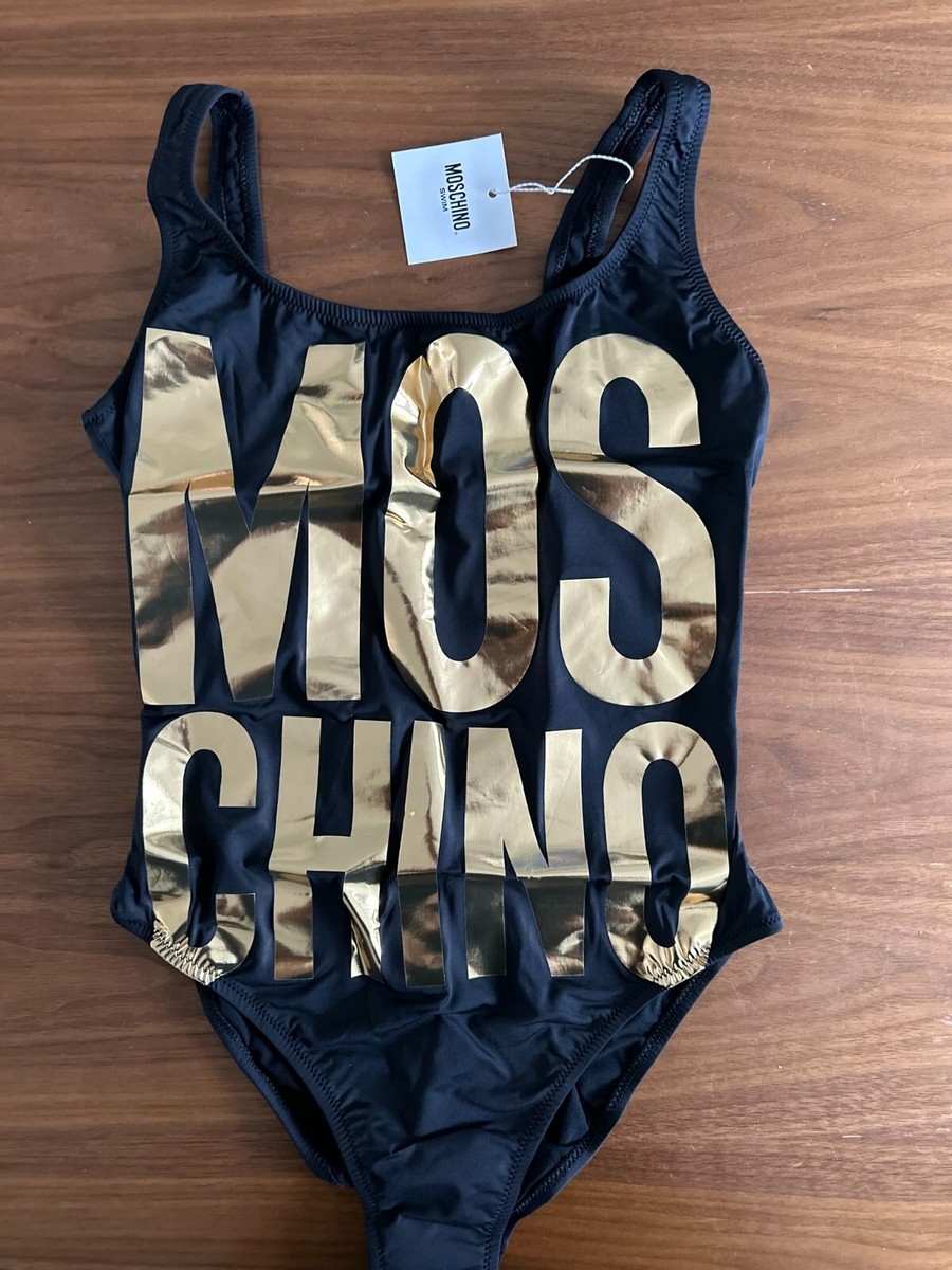 【特価！関送込】MOSCHINO SWIM メッシュのロゴ刺繍 ワンピース Moschino Logo Swimsuit in Black & Gold Size S RRP £200 Made