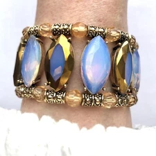 Chunky Faux Moonstone Stretch Bracelet Beaded Boho Statement Jewelry 6.5”