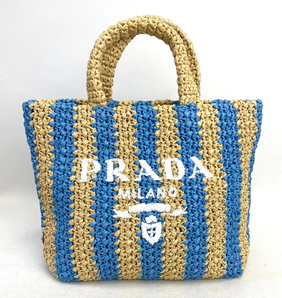 NEW PRADA Small Tan Blue Striped Raffia Logo Tote Bag Naturale