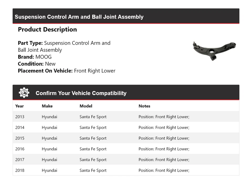 适用于 2013 - 2018 现代圣达菲运动控制臂右下 MOOG 2013 — 第 2/4 张图片