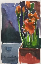 Enrique Zaldivar, Original Watercolor Painting, Flower Pot, Still Life