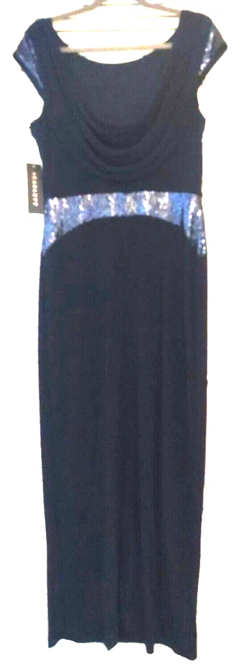 New Scarlett sz.10 Navy Maxi Dress sz.10 Draped Cowl Back Lace Sequin Gown - Image 3 of 4