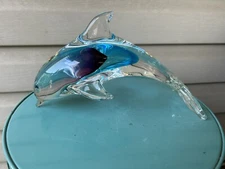 Blue Purple Sommerso Dolphin Hand Blown Heavy Art Glass Figurine 9” Ocean Beach