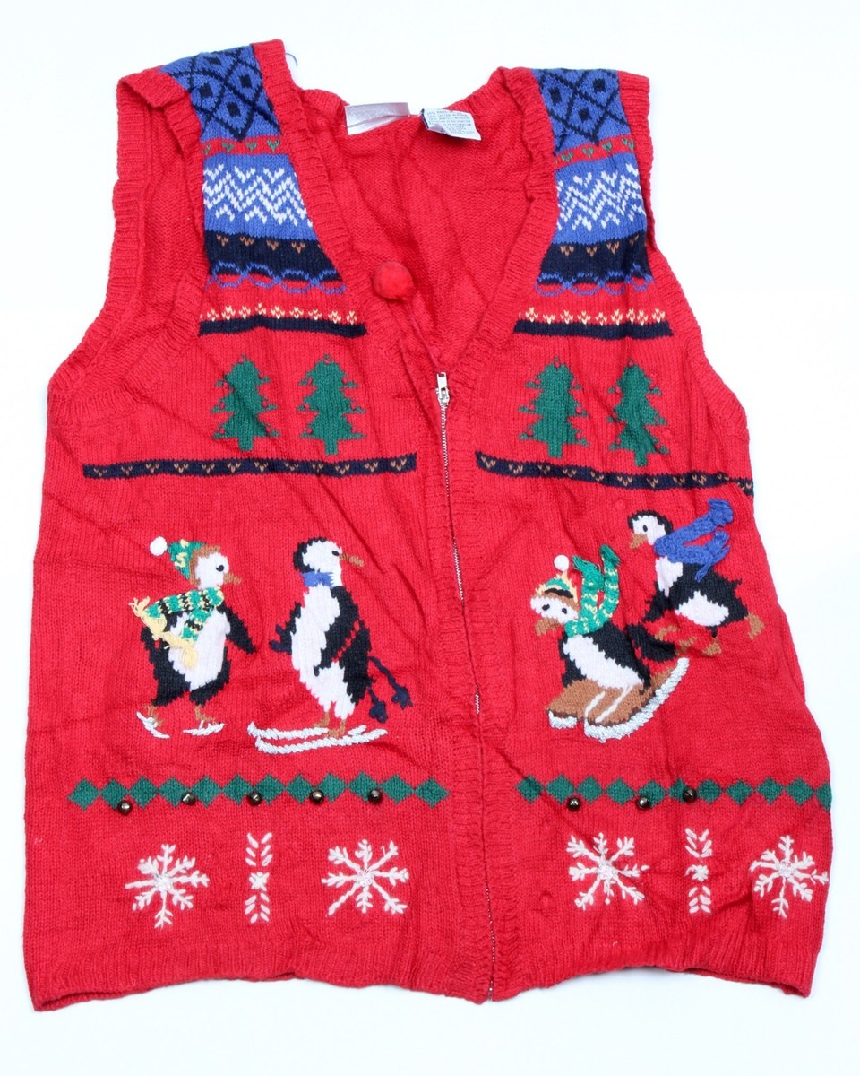 Red Vintage UGLY Christmas Sweater Vest LADIES MEDIUM
