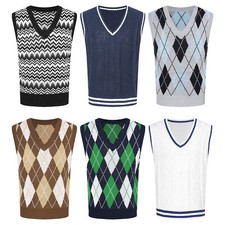 Mens Vest Argyle Sweater V Neck Pullover Travel Waistcoat Office Streetwear