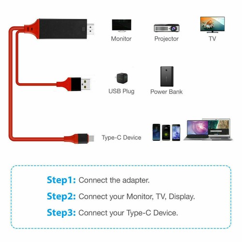 MHL USB-C Type C to HDMI USB A HD TV Cable Adapter For Android Phones Tablet RED - Picture 8 of 12