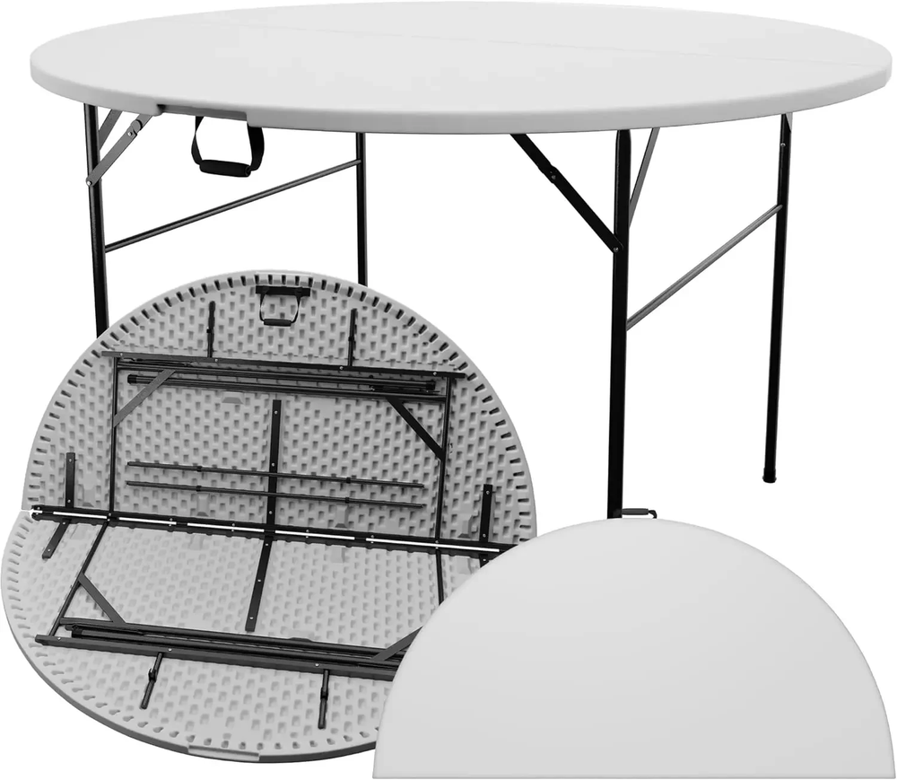 60-Inch White Plastic Round Folding Table - 5 Foot Compact & Portable