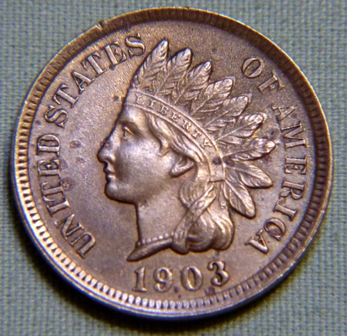 1903 Indian Head Penny Cent - AU Full Liberty Beauty With 4 Diamonds # 1305