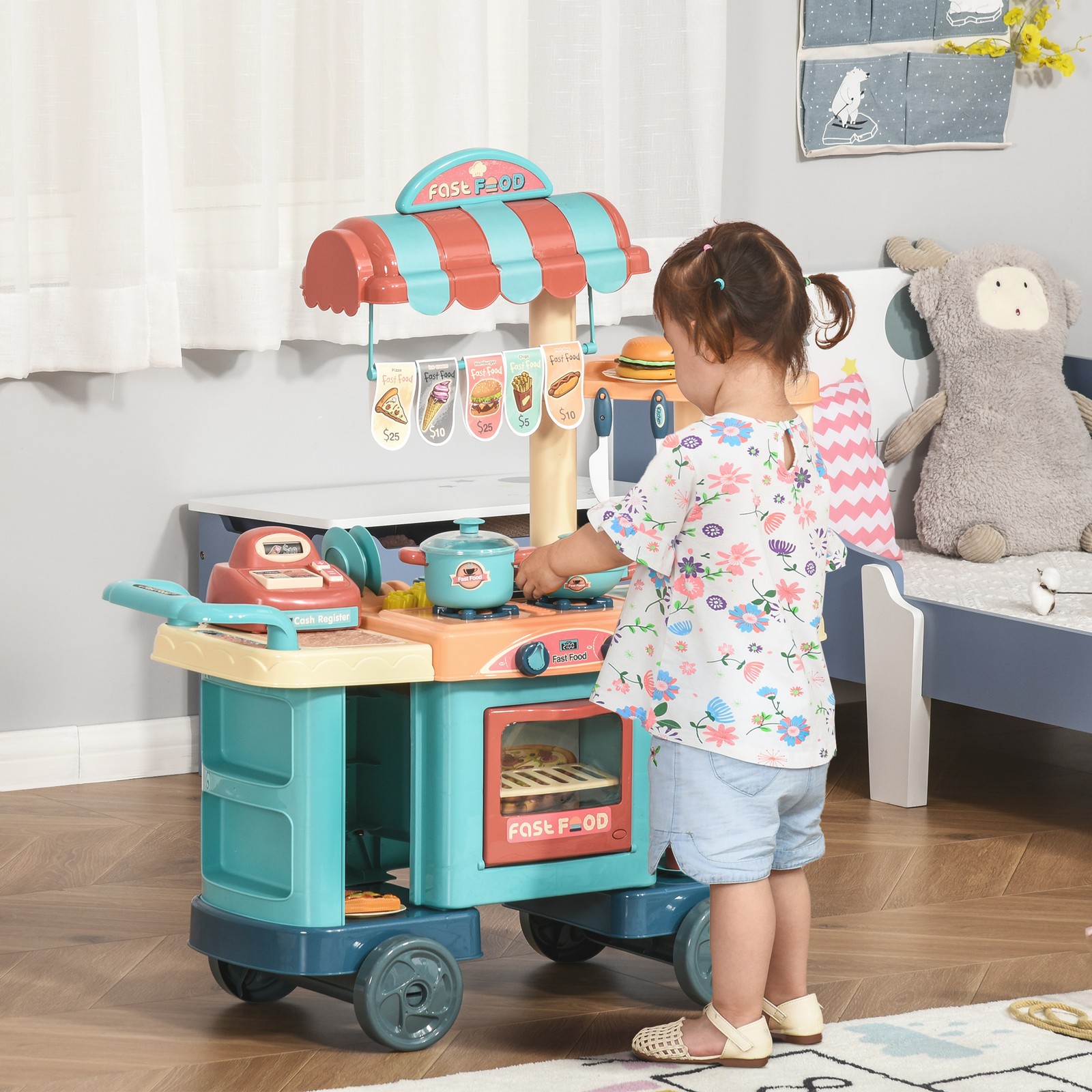 как выглядит Kids Kitchen with Accessories, Cash Register, Play Food, Wheels for kids 3-6 фото
