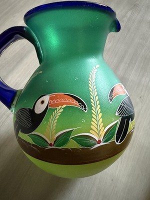 Vintage Mexican Hand Blown Hand Painted Toucans Pitcher & Glass