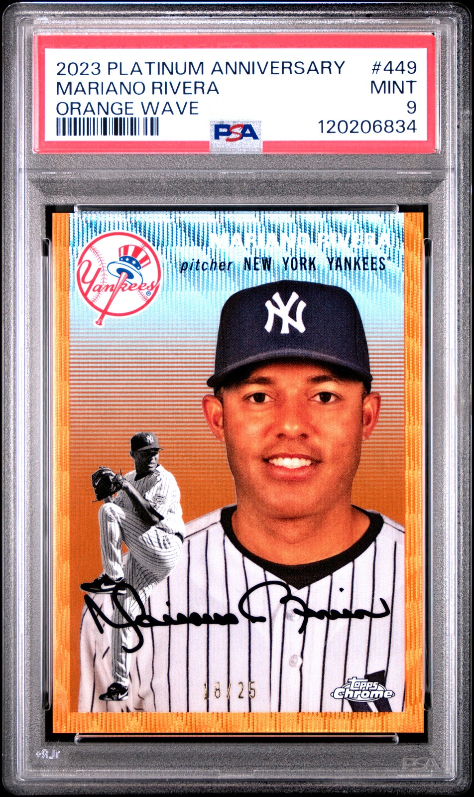 2023 TOPPS CHROME PLATINUM ANNIVERSARY ORANGE WAVE MARIANO RIVERA 18/25 PSA 9