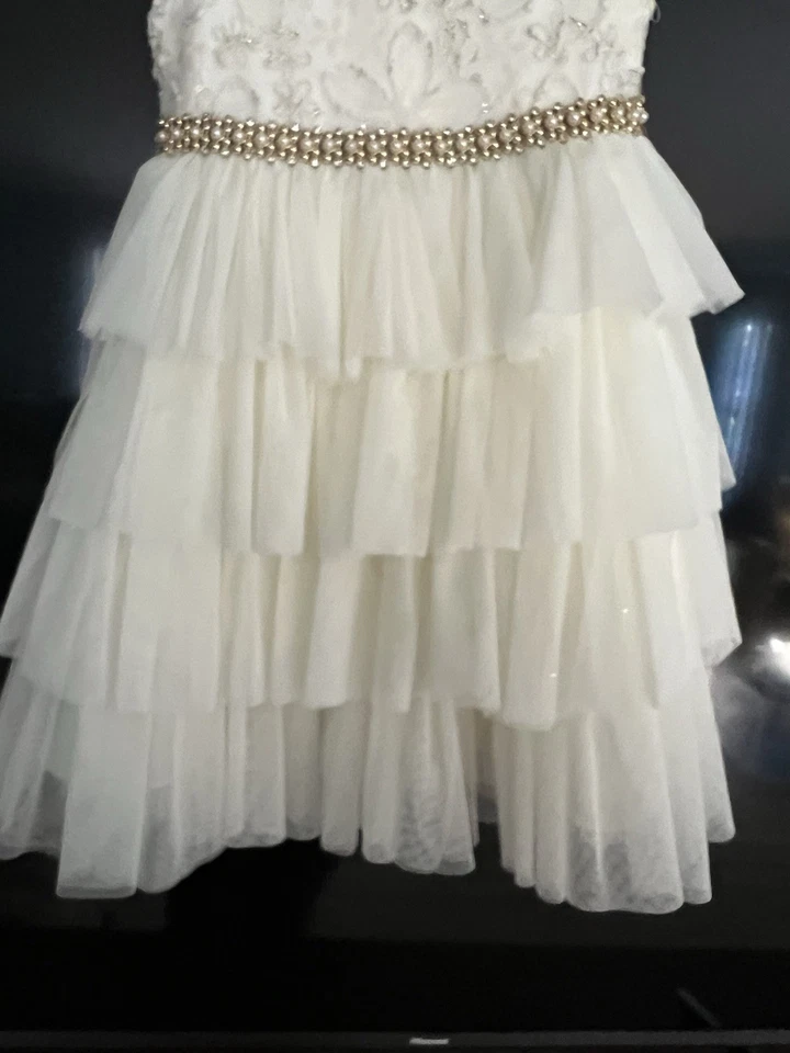 Vestido Princesa Americana Niñas 4T Blanco Dorado Floral Tul Sin Mangas Formal Fiesta Foto 4 de 4