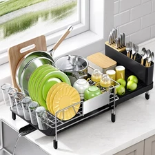 Dish Drying Rack, Expandable Stainless Steel Dish Rack with Drainboard Set Ki...