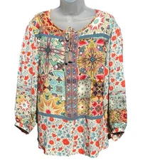 JOHN MARK Women Sz L Multi Print Embroidered Tassel 3/4 Sleeves Boho Blouse Top