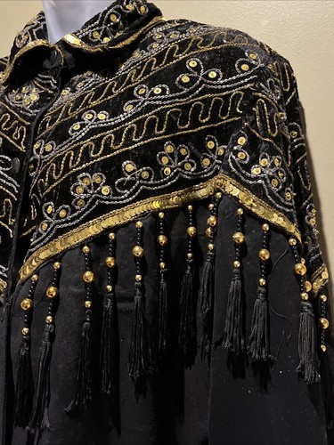 VTG MODI WESTERN SEQUIN BEADED FRINGE SNAP FRONT JACKET SZ M (8-10) BLACK GOLD - Picture 5 of 15