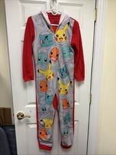 Pok mon Pikachu Hooded Fleece Union Suit One Pc Pajamas Boys Large