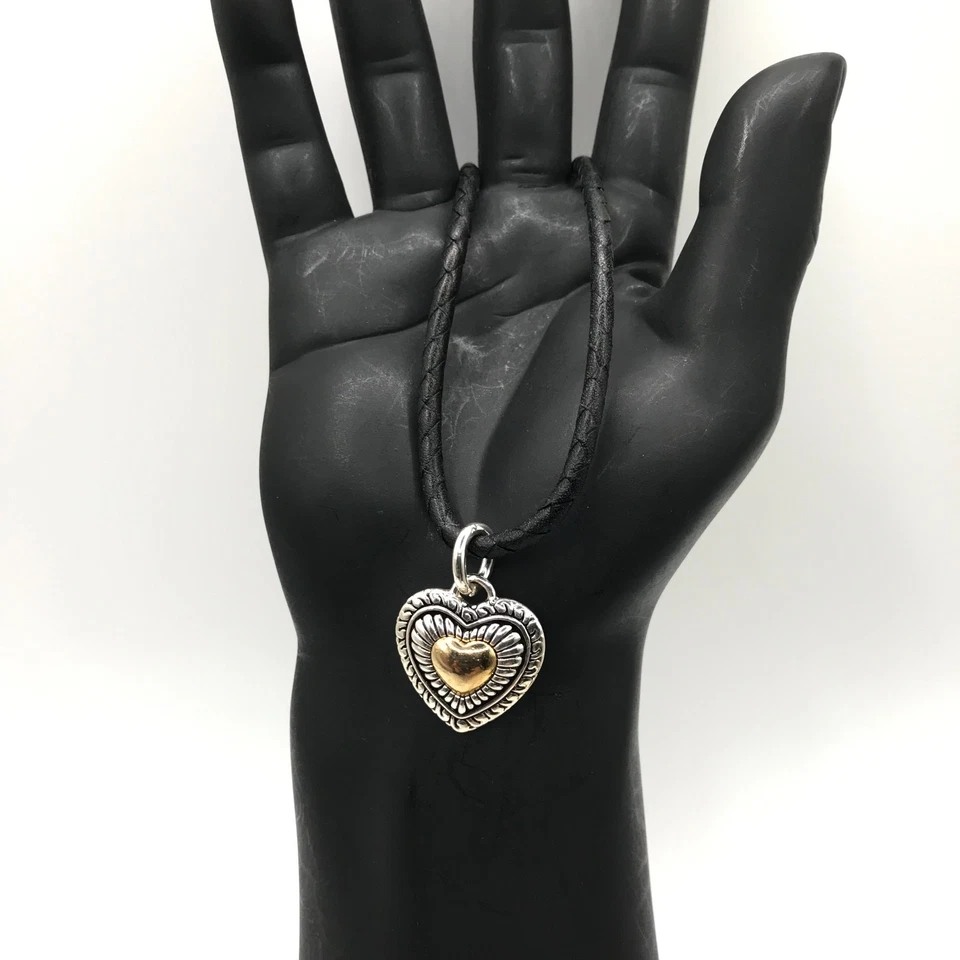 Brighton Necklace Heart Pendant Gold & Silver Plate Braided Black Leather Cord - Image 4 of 4