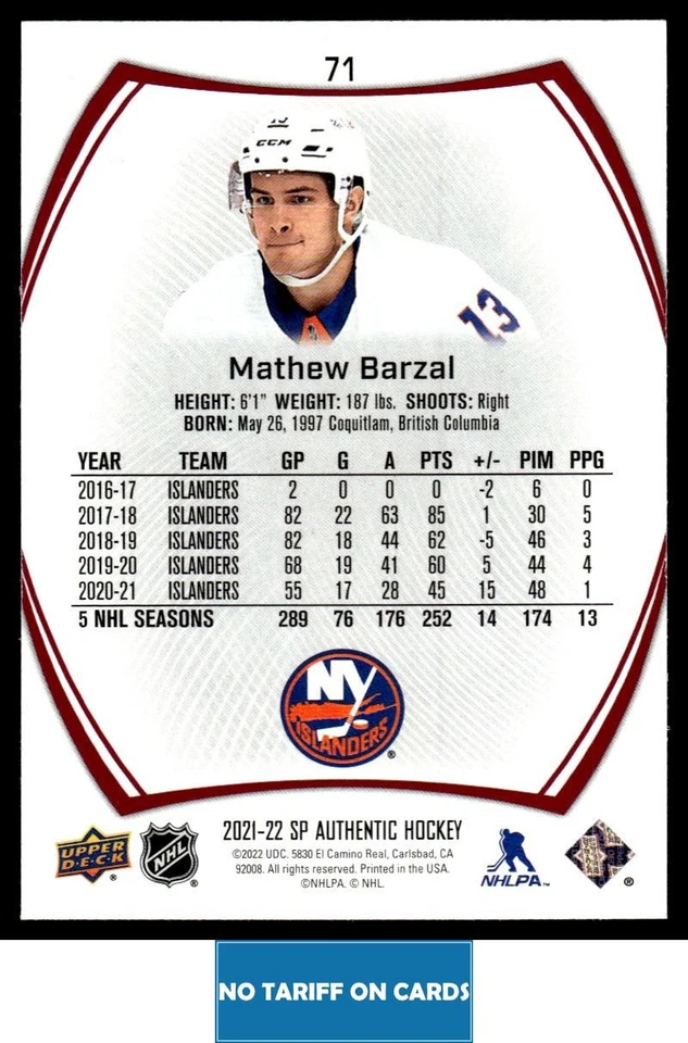 2021-22 SP Authentic LIMITED RED Mathew Barzal New York Islanders #71 - Image 2 of 2