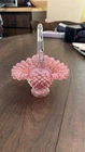 Fenton Cranberry Opalescent Hobnail Ruffled Art Glass Basket Clear Handle