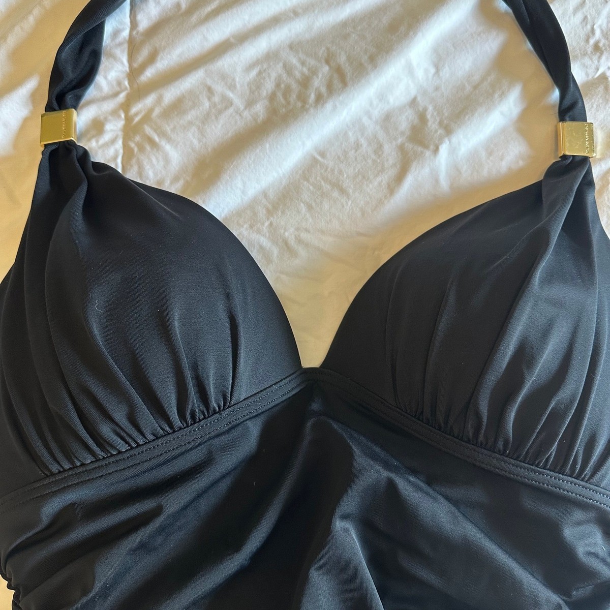 Victoria's Secret Black Ruched One Piece Swimsuit Gold Hardware Halter Swimwear View 2