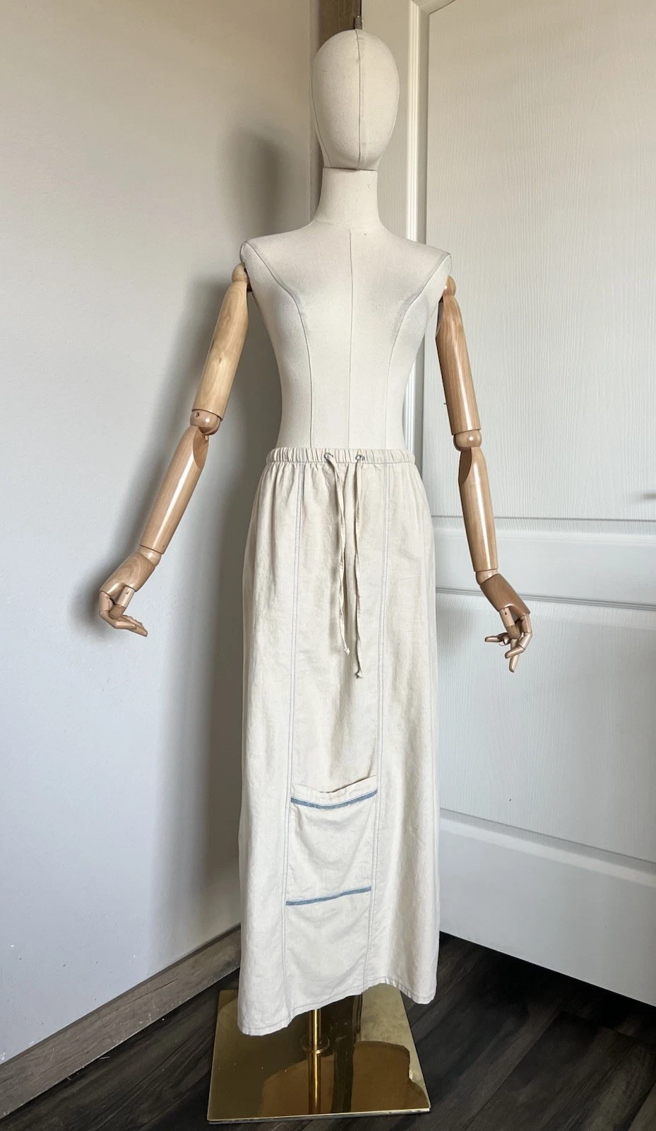 Elsewhere Sz Small Cream Linen Cotton Blend Maxi Skirt Artsy lagenlook Boho