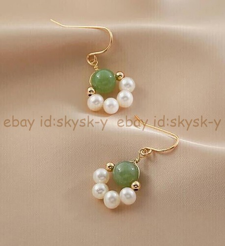 Natural White Pearl Green Jade Round Gemstone Beads Dangle Hook Earrings - Picture 2 of 4