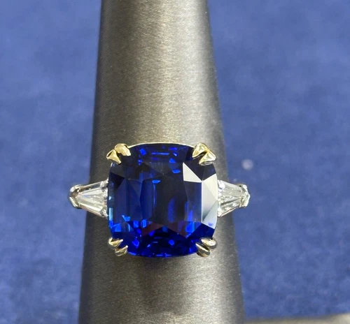 GRS CERTIFIED 11.01CT  Cushion Natural Royal Blue Sapphire Diamond Ring Plat 18K