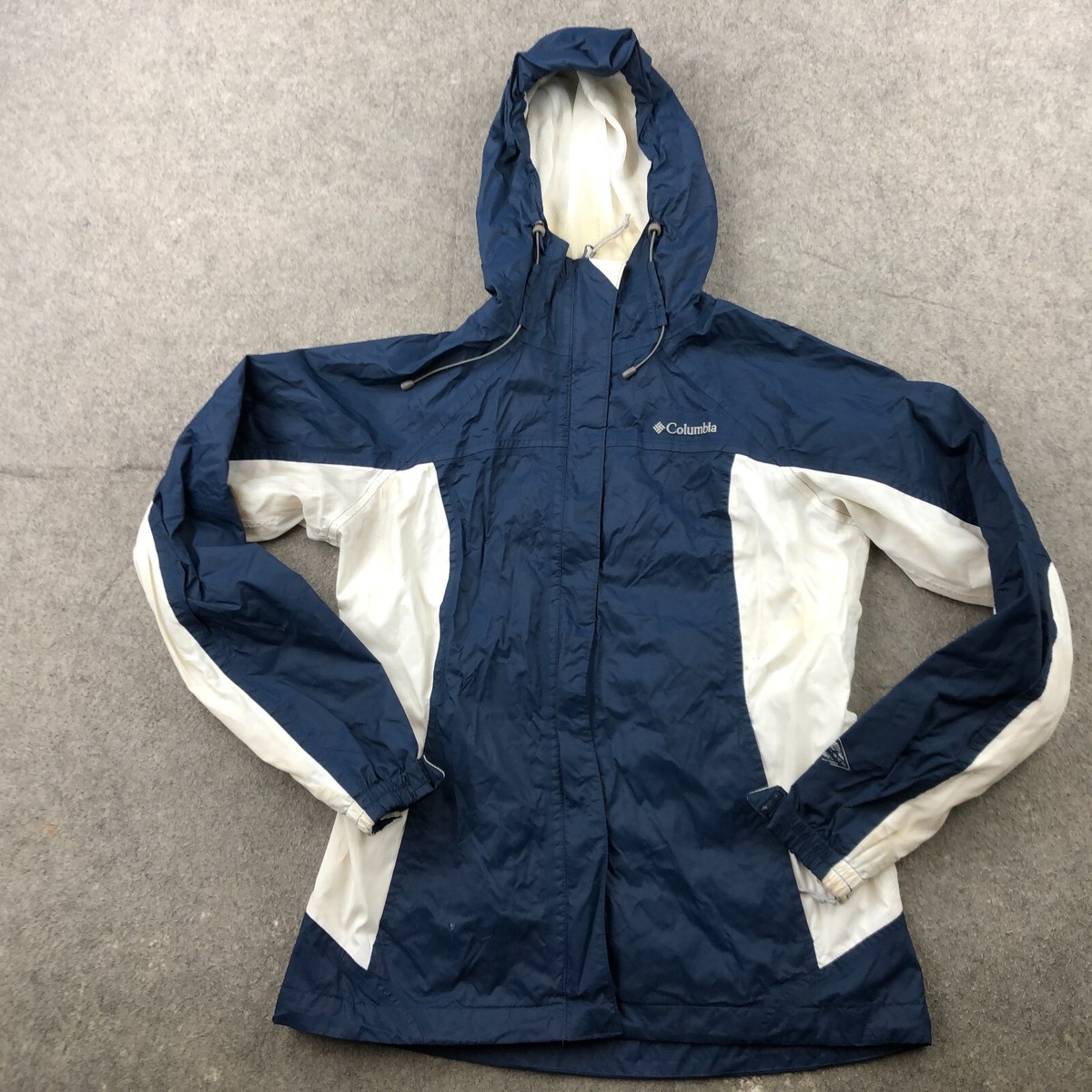Columbia Jacket Womens Small Blue White Windbreaker Rain Hooded