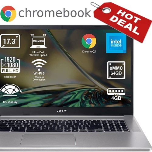 ACER 17.3" Full-HD 1080p CHROMEBOOK Intel N4500 2.80GHz 64GB SSD 4GB Ram HDMI BT - Picture 1 of 11