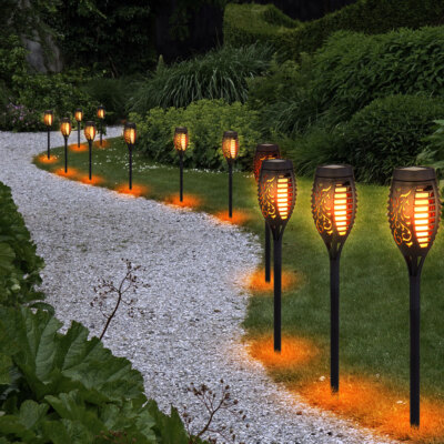 6er Set LED Solar Fackel Leuchten Außen Deko Feuer Effekt Garten Steck Lampen