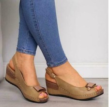 Womens Fashion Peep Toes Wedge Heels PU Summer Casual Sandals Shoes Pumps DIWS