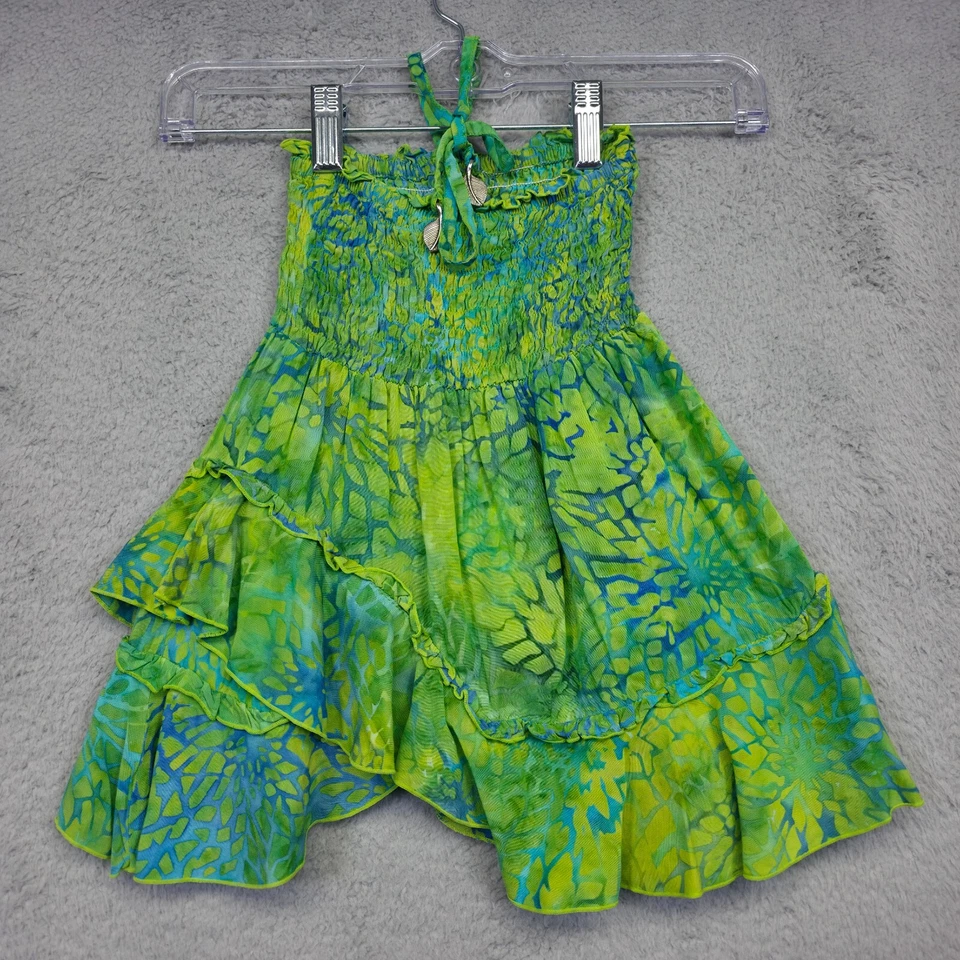 Vestido Bali Niños Bebés Niñas 3-4 Verde Calado Asimétrico Cuentas Hecho a Mano Volantes Foto 2 de 4