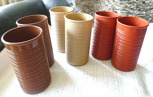 6 Earthentic Ware Ribbed Tumblers  Plastic #3612 Brown, Tan, Red