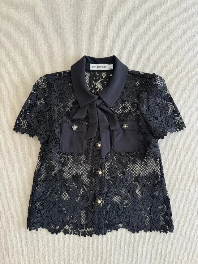 Self-Portrait Floral-lace Short-sleeve Shirt Size UK12