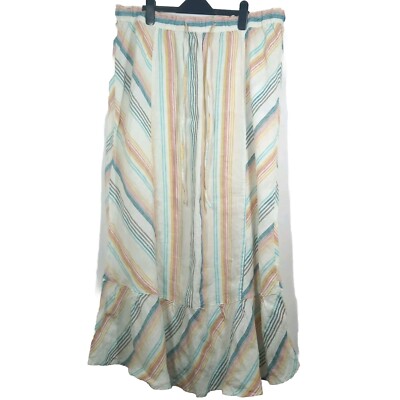 M&S Collection 100% Linen Maxi Skirt Size 16 Ivory Pastel Stripes Gypsy  Peasant UK
