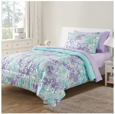 Your Zone Cheetah Twin Bedding Set for Kids, 5-Piece, Purple, with Bag